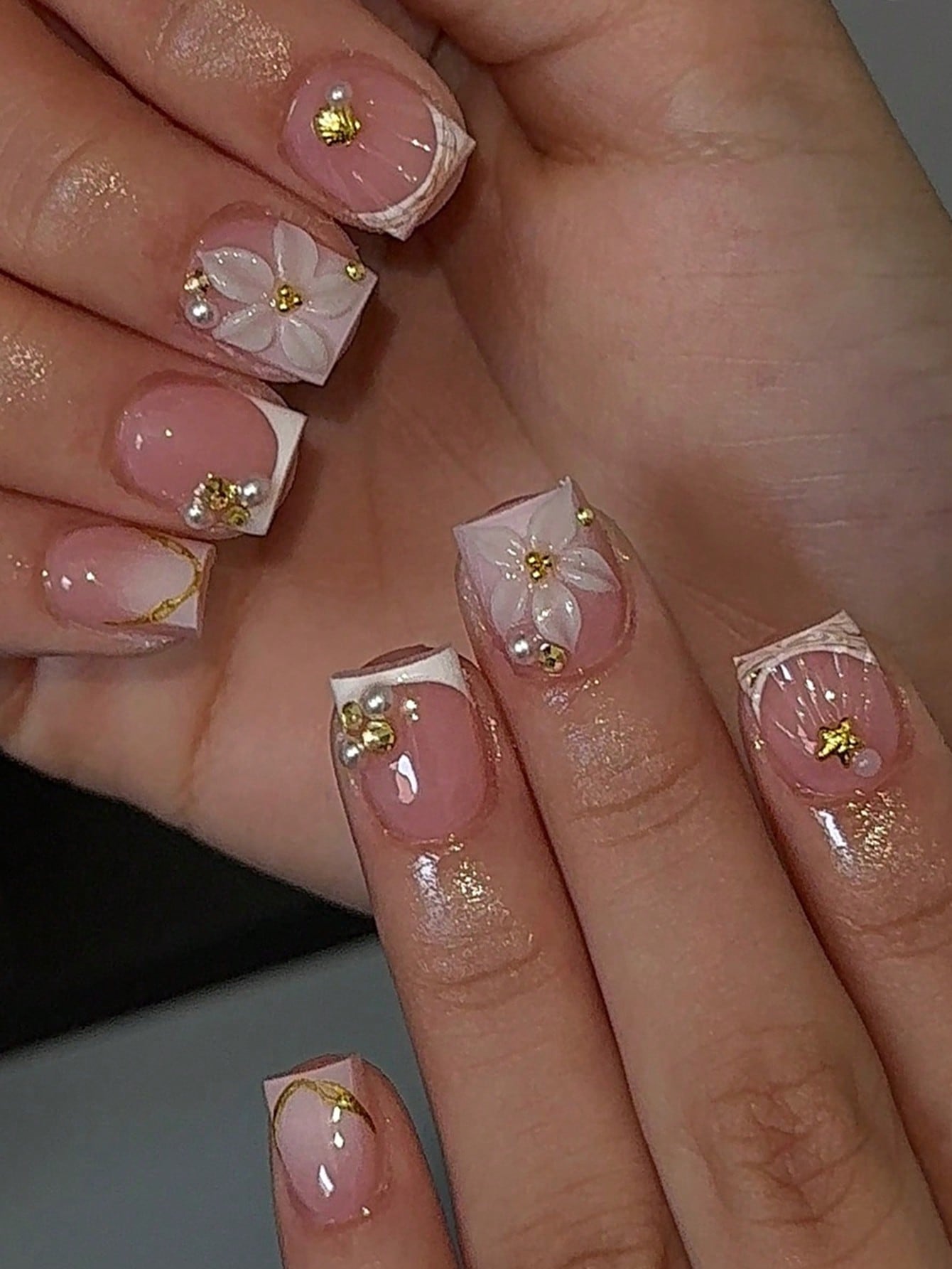 Nail Art French Nails - 24pcs Short Square White French Flower