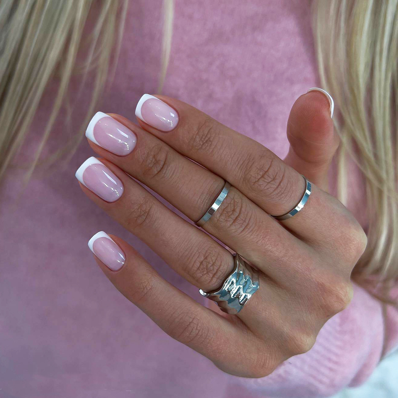 Nail Art French Nails - 24Pcs Short Square Handmade Press on