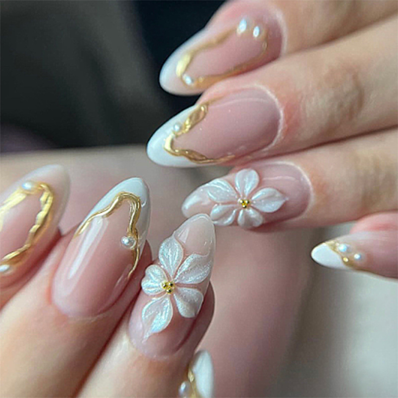 Nail Art French Nails - 24pcs Flower Long Almond Press on