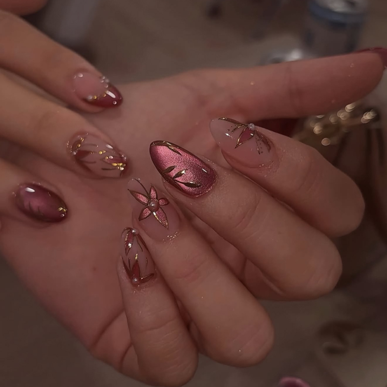 Nail Art Y2K - 24pcs Flower Pattern Almond Press on