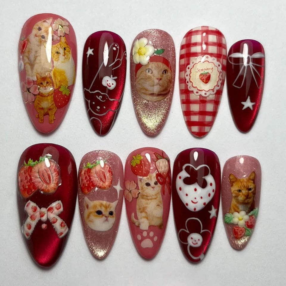24pcs Strawberry Cat's Eye Pre - Nail Art Y2K review and price